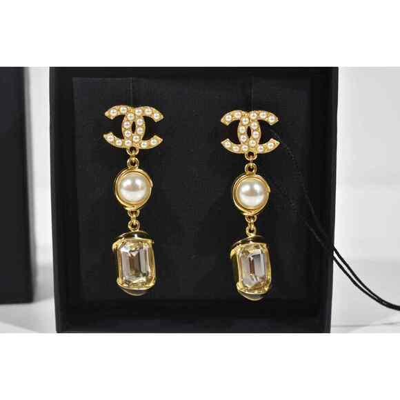 Chanel 22A Gold Pearl White Crystal XL Logo Large Dangle Drop Statement Earrings - Picture 4 of 12